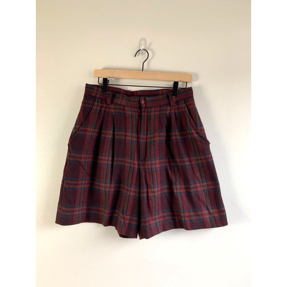 Plaid High-Rise Women's Shorts - Burgundy Multi